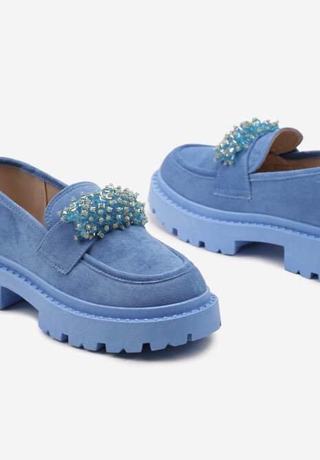 Niebieskie Mokasyny z Aplikacją z Biżuteryjnych Koralików Viatalia