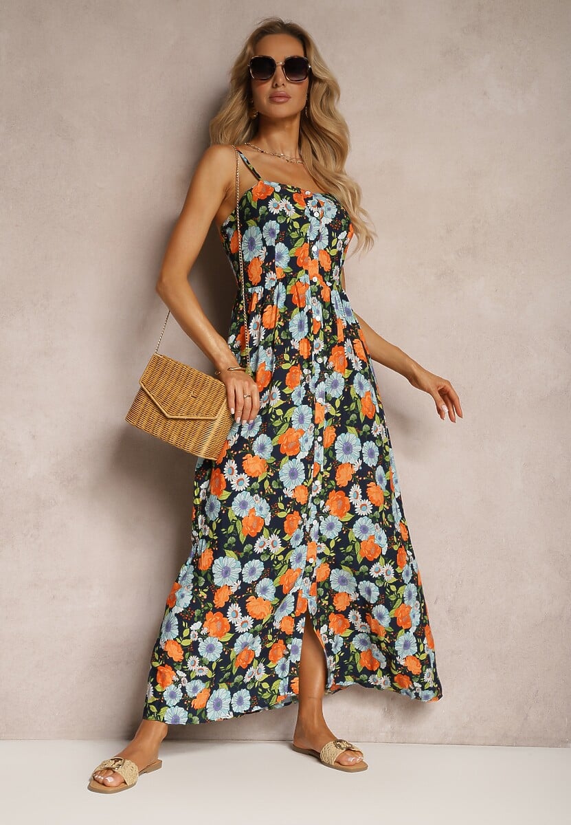 Granatowa Wiskozowa Sukienka w Kwiaty  z Gumką w Pasie i Regulowanymi Ramiączkami Ostialia