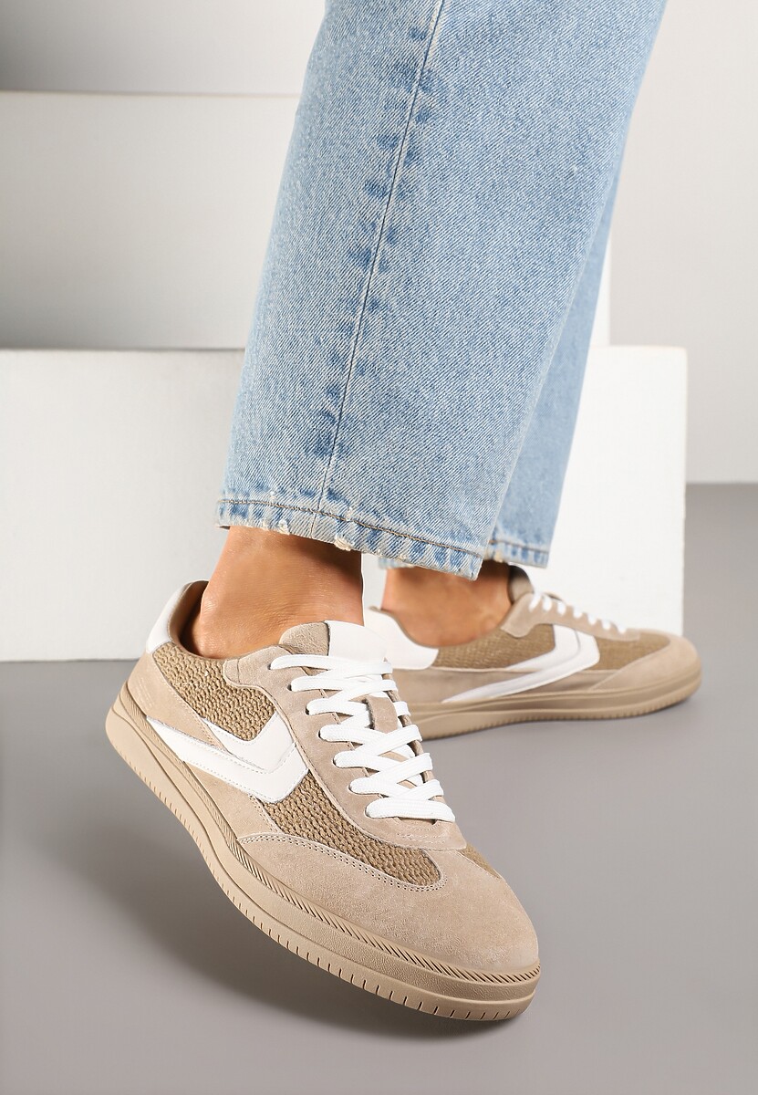 Jasnobeżowe Sneakersy ze Skóry Naturalnej w Stylu Kultowych Tenisówek Faloretia