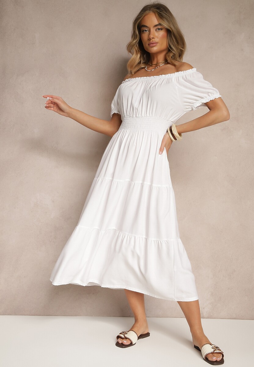 Czarna Rozkloszowana Sukienka z Gumką w Talii i Dekoltem w Kształcie Łódki Miratela