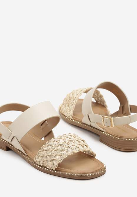 Beżowe Sandały Ozdobione Plecionym Paskiem z Przodu Kolithiela