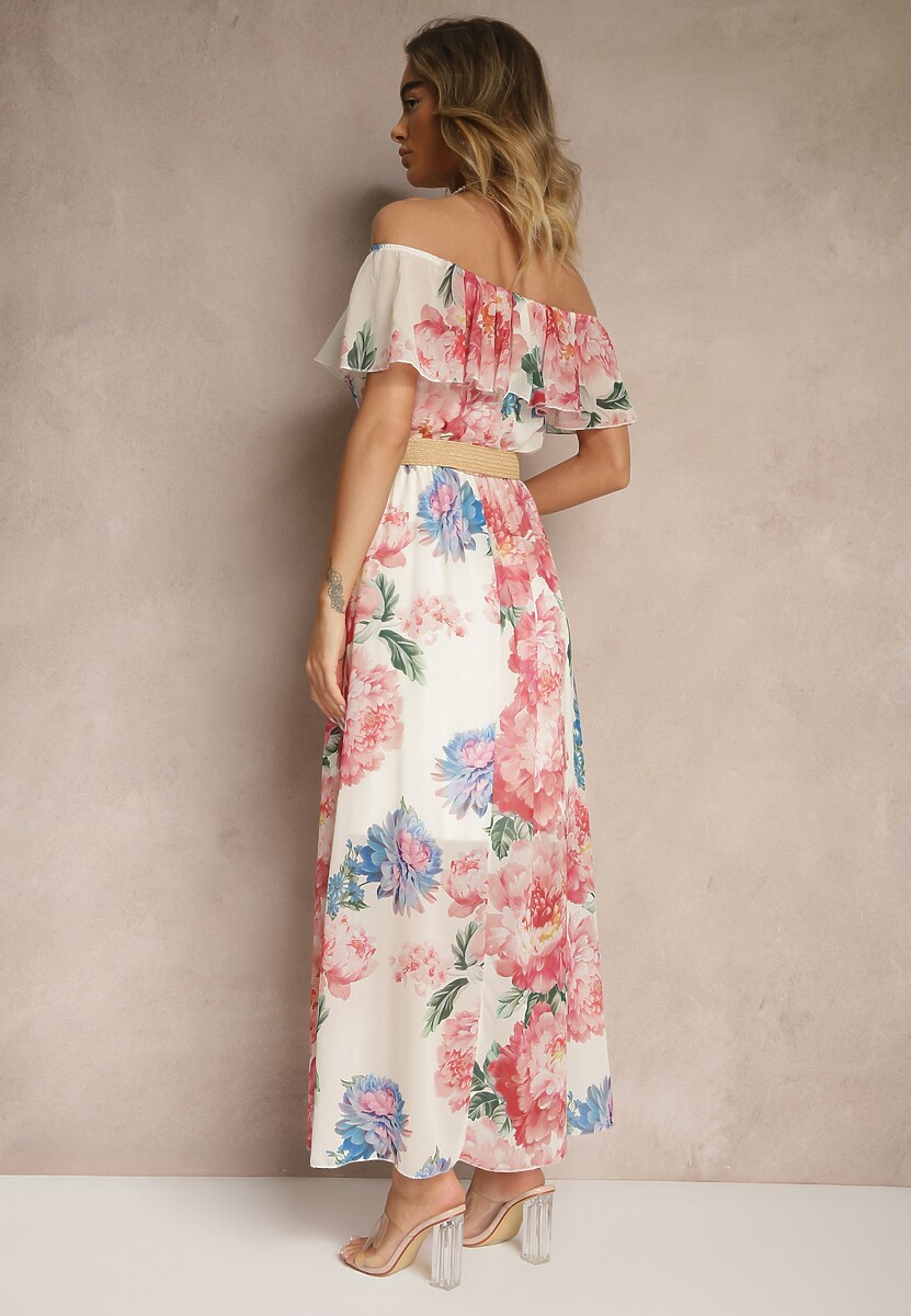 Różowa Sukienka Hiszpanka z Kwiatowym Wzorem i Plecionym Paskiem Sadeene