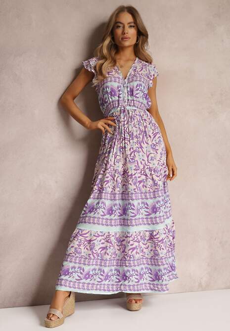 Fioletowa Sukienka w Kwiaty z Gumką w Pasie i Krótkim Rękawem Sadi