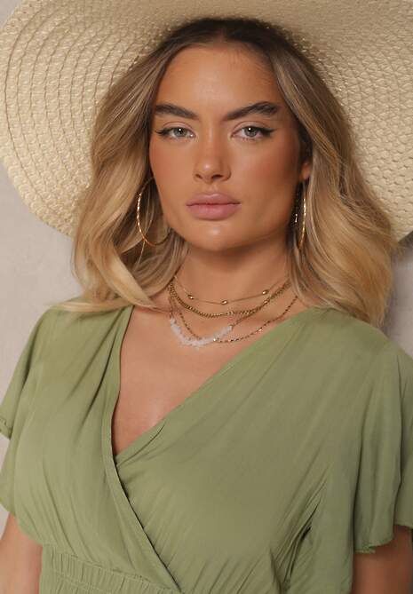 Zielona Rozkloszowana Sukienka z Wiskozy z Kopertowym Dekoltem Rellrive