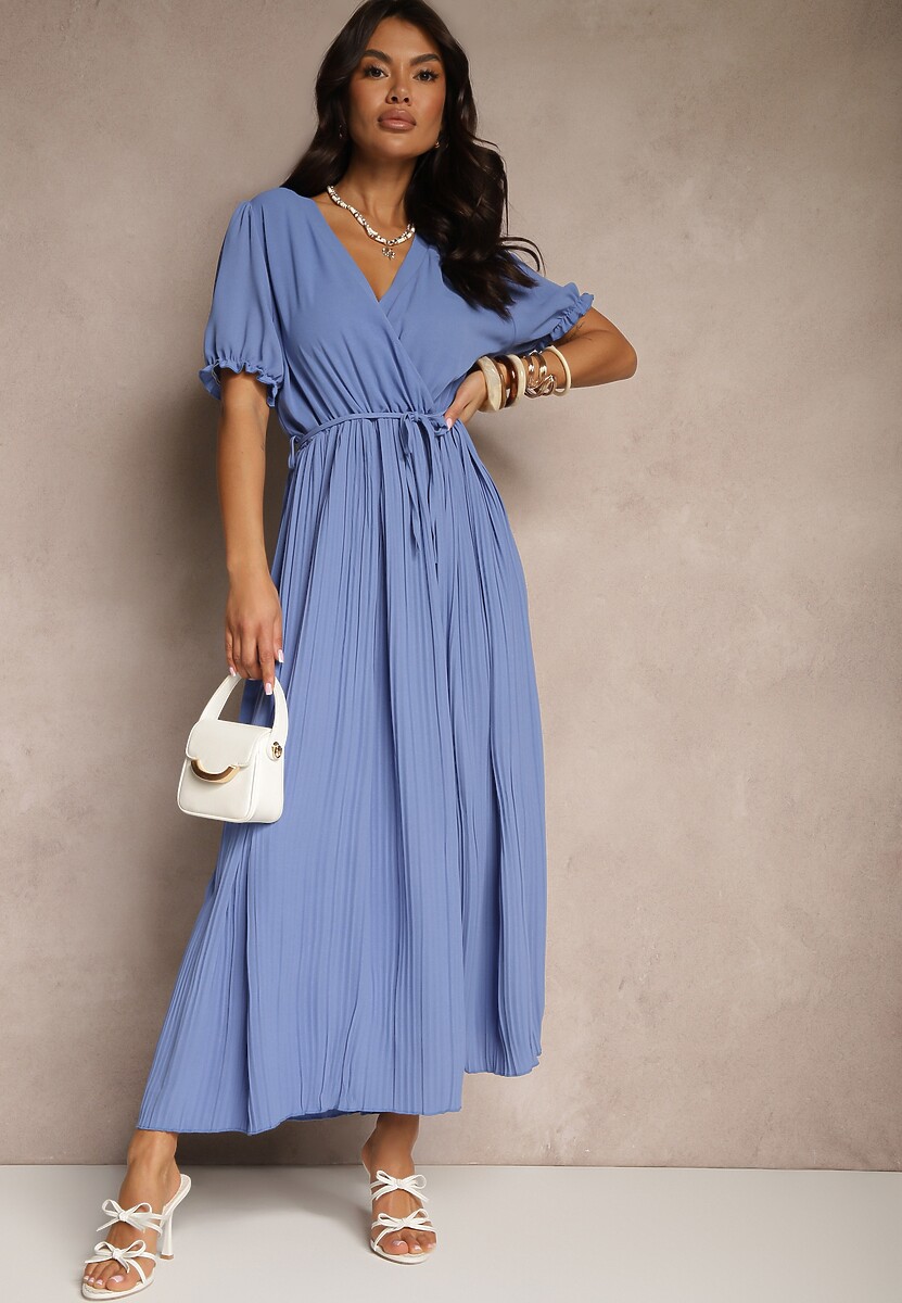 Niebieska Sukienka z Bawełną Ozdobiona Kopertowym Dekoltem i Paskiem Grellevia