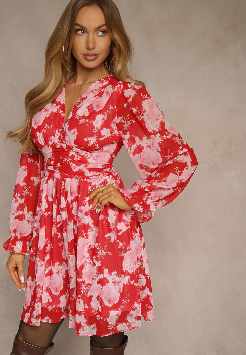 Czerwona Rozkloszowana Sukienka w Print Florystyczny Awerdia