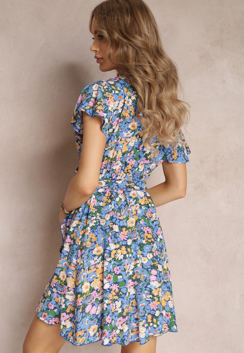 Niebiesko-Granatowa Wiskozowa Sukienka Mini z Kopertowym Dekoltem i Falbanką Nathalee