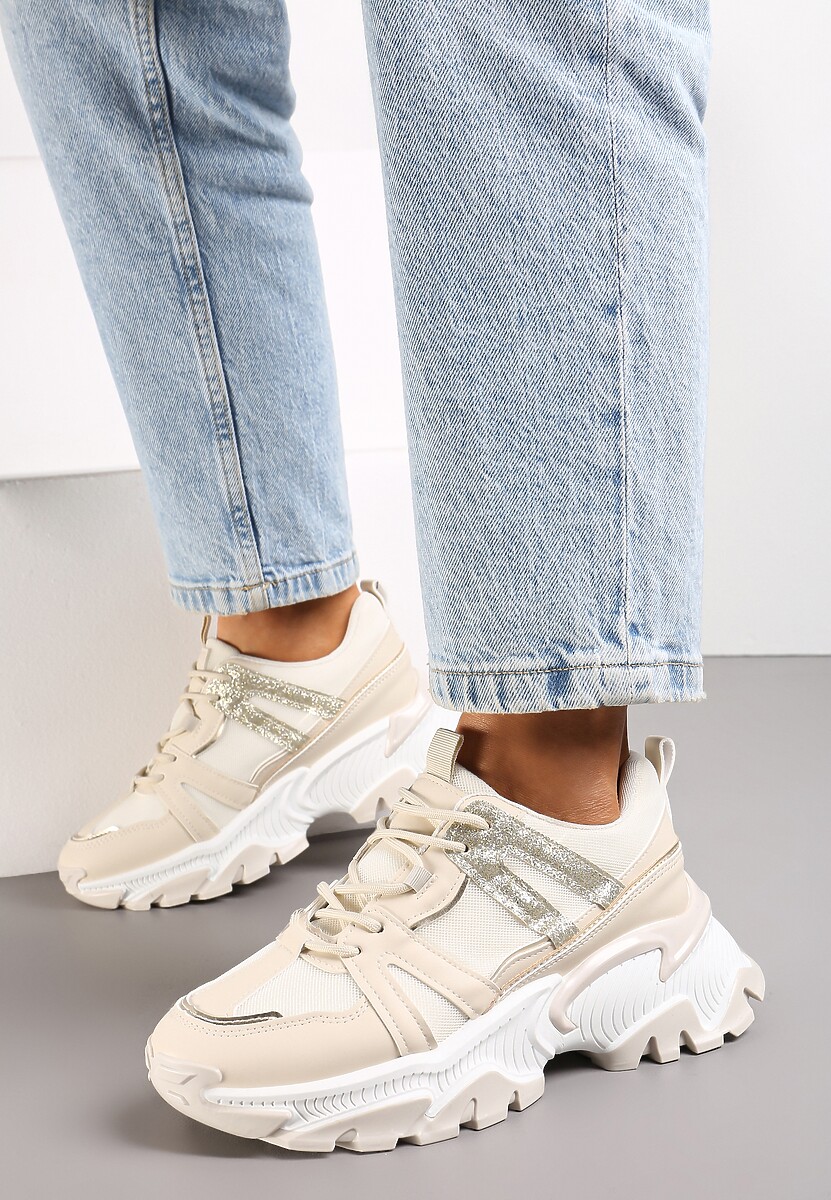 Beżowe Sznurowane Sneakersy na Grubej Podeszwie ze Wstawkami i Brokatem Widgeta