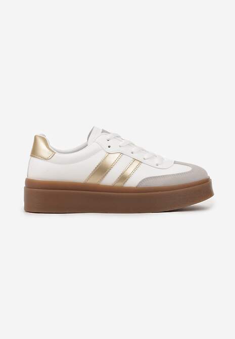 Biało-Złote Klasyczne Sneakersy Tenisówki na Niskiej Platformie Denirla