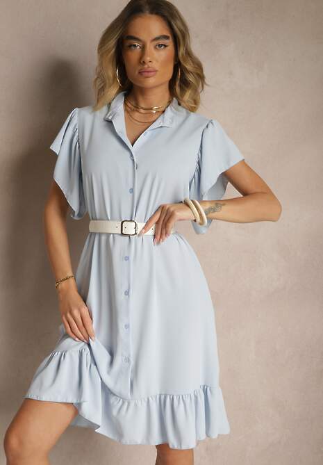 Jasnoniebieska Koszulowa Sukienka Ozdobiona Falbankami i Guzikami Tenelora