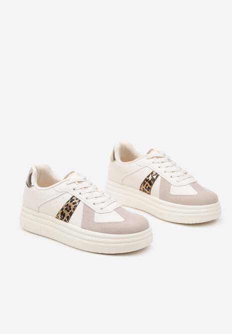 Beżowe Sneakersy na Platformie Ozdobione Paskami w Panterkę ze Sznurowaniem Bormi