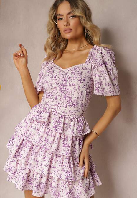 Fioletowa Sukienka o Rozkloszowanym Fasonie z Falbankami w Drobny Wzór Uveria