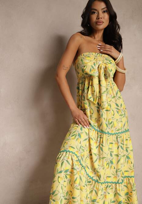 Żółta Sukienka Ozdobiona Kokardą i Motywem Cytryn Galionea