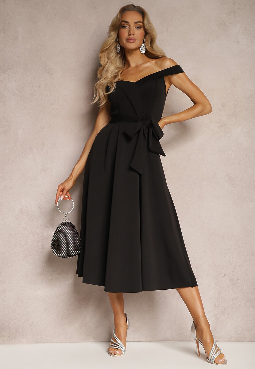 Ciemnofioletowa Sukienka Wieczorowa Hiszpanka z Materiałowym Paskiem Yellia