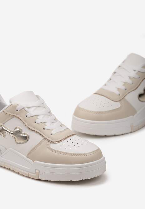 Beżowe Sznurowane Sneakersy na Grubej Podeszwie z Brokatowym Zdobieniem Anaieli