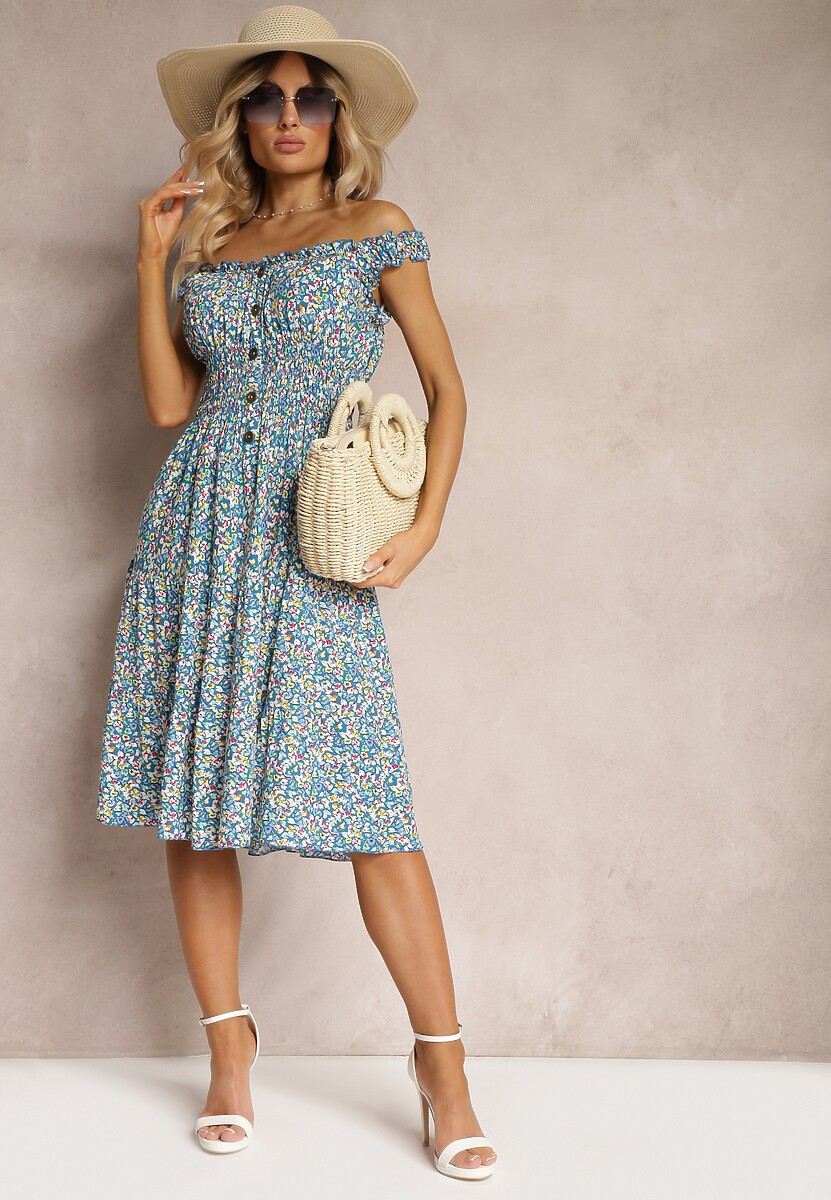 Niebieska Taliowana Sukienka Bawełniana o Rozkloszowanym Kroju z Gumką w Pasie Nelyssa