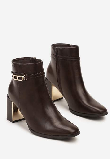 Brązowe Botki na Słupku z Metaliczną Aplikacją Latoreia