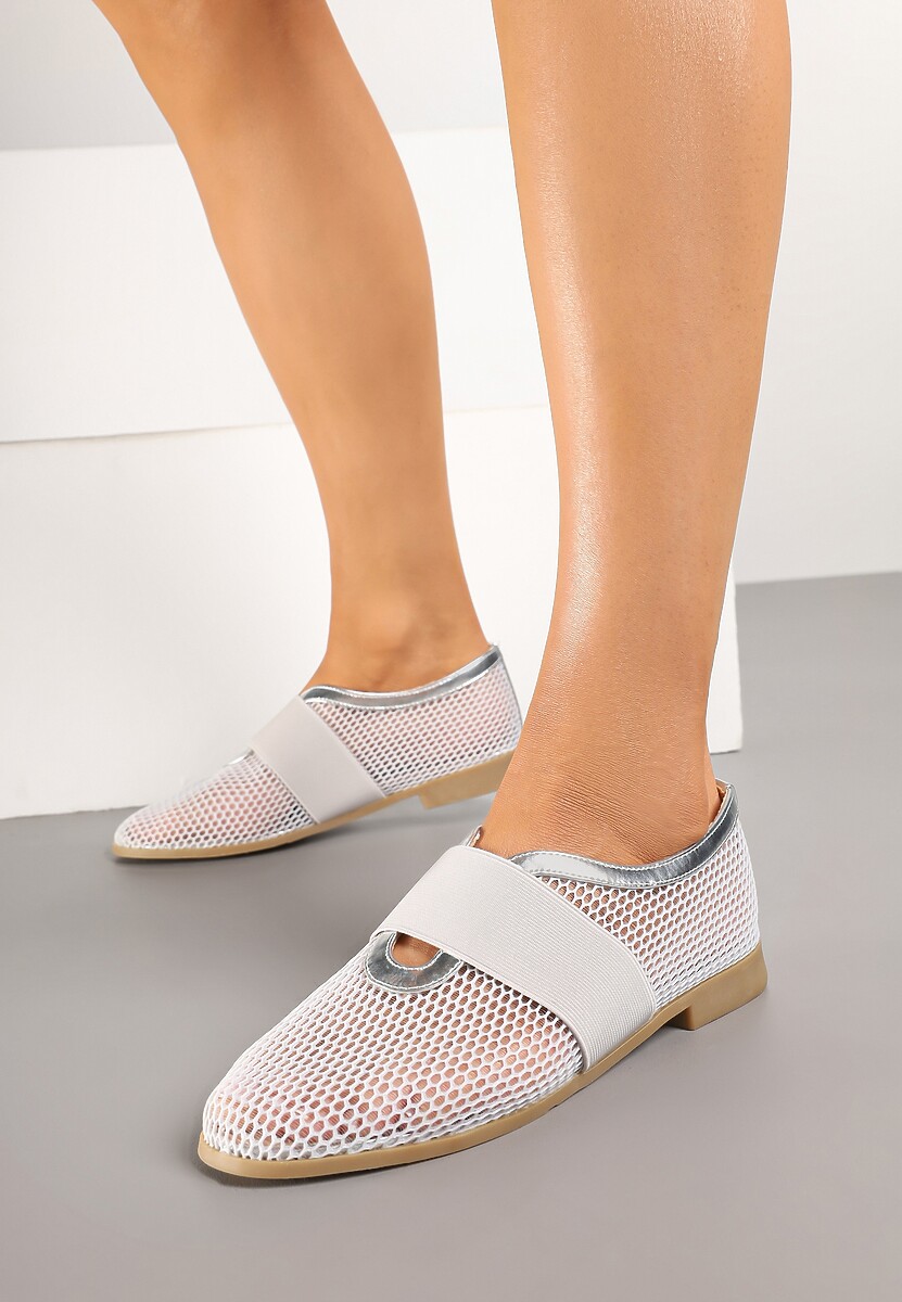 Srebrne Siateczkowe Balerinki Ozdobione Elastycznym Paskiem Selesi
