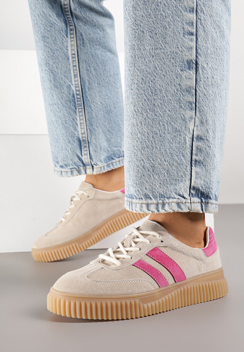 Beżowo-Fuksjowe Zamszowe Sneakersy Tenisówki z Wkładką ze Skóry Naturalnej Ozdobione Tłoczeniem Meluella