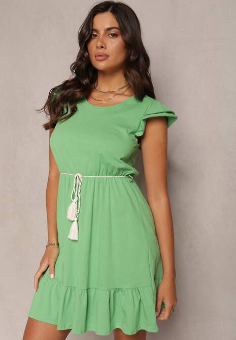 Zielona Sukienka o Rozkloszowanym Fasonie z Bawełny Ozdobiona Falbankami Kadan