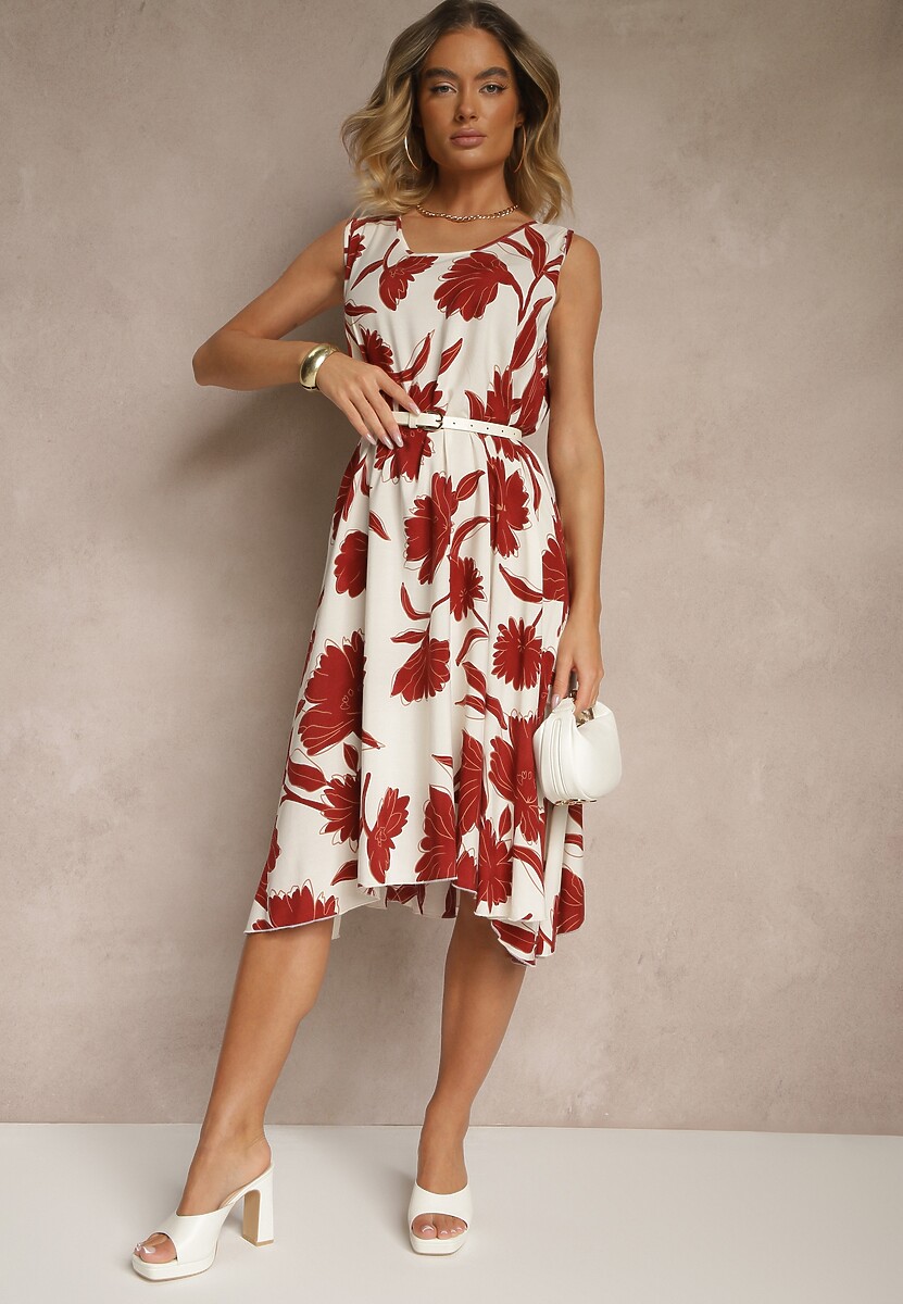 Bordowa Sukienka Bez Rękawów z Tkaniny Wiskozowej w Kwiaty Orrivia