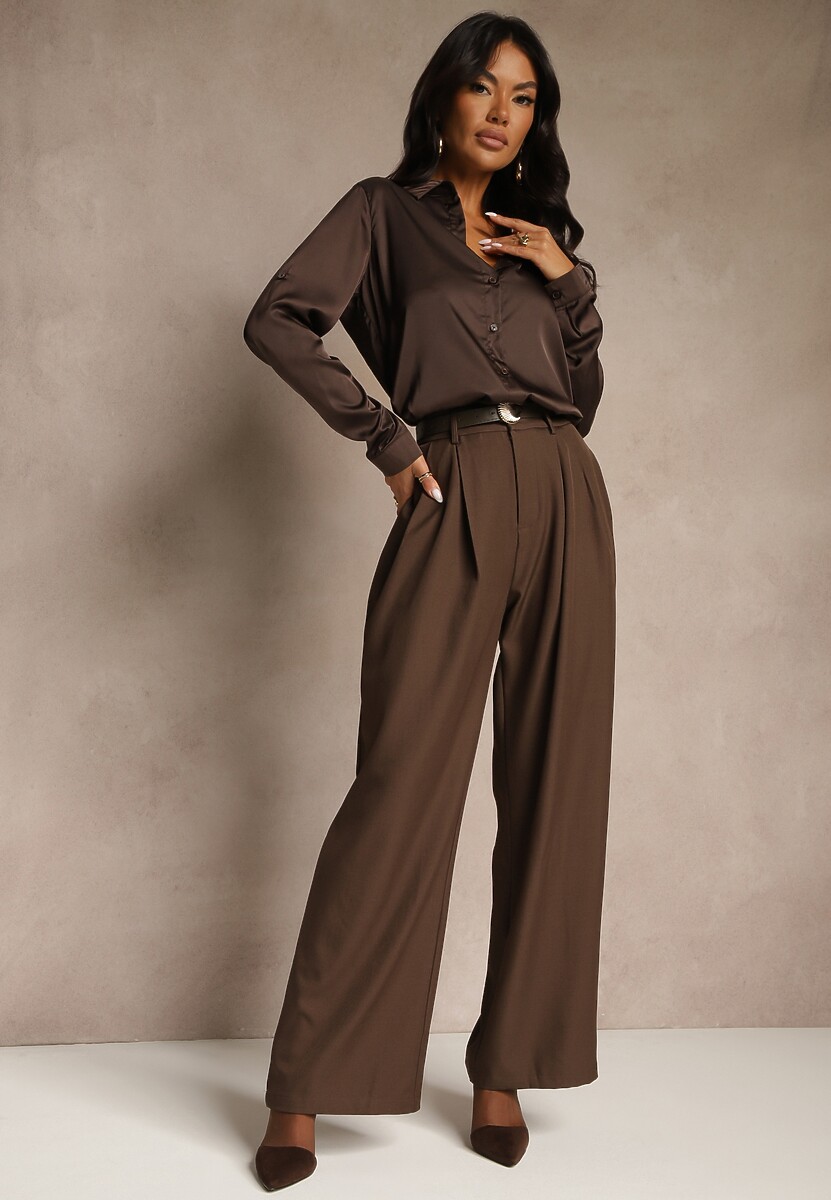 Brązowe Garniturowe Spodnie Wide Leg z Paskiem z Klamrą Muszelką Setre