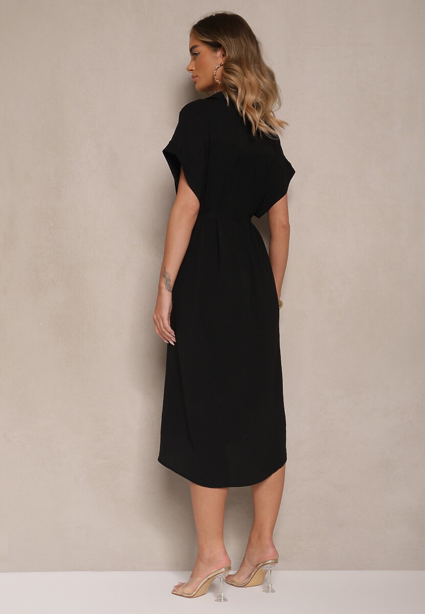 Czarna Pudełkowa Sukienka z Bawełną i Paskiem Savorienne