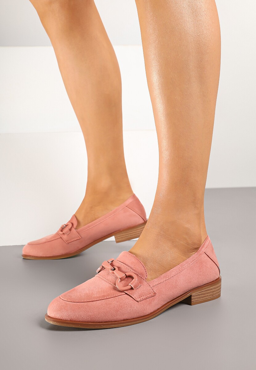 Różowe Mokasyny Vices z Wkładką ze Skóry Naturalnej Zdobione Łańcuszkiem Delariona