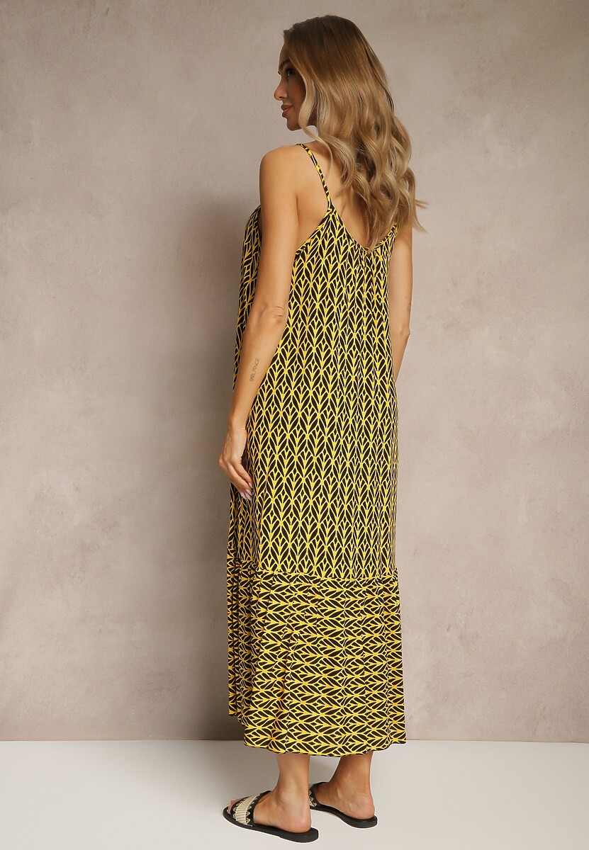 Żółta Sukienka z Bawełny Ozdobiona Geometrycznym Motywem Nilavionea