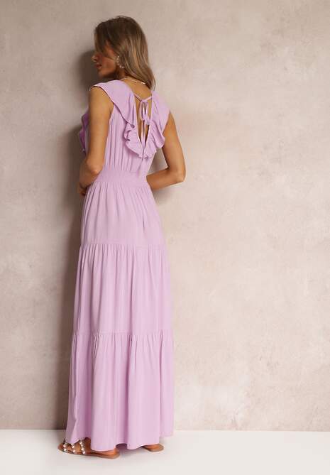 Fioletowa Rozkloszowana Sukienka Maxi z Gumką w Talii i Falbanką Laylani