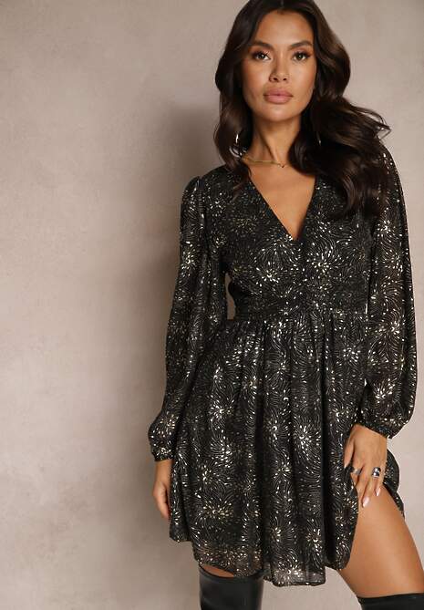 Czarna Rozkloszowana Sukienka z Gumką w Talii i Ozdobnym Metalicznym Nadrukiem Bonilaine