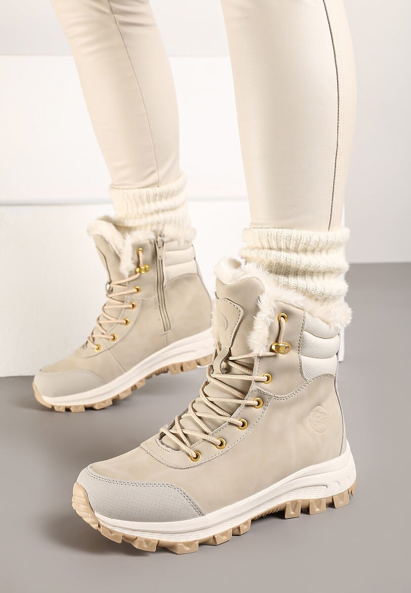 Beżowe Botki Trekkingowe na Platformie ze Sznurowaniem Labrinna