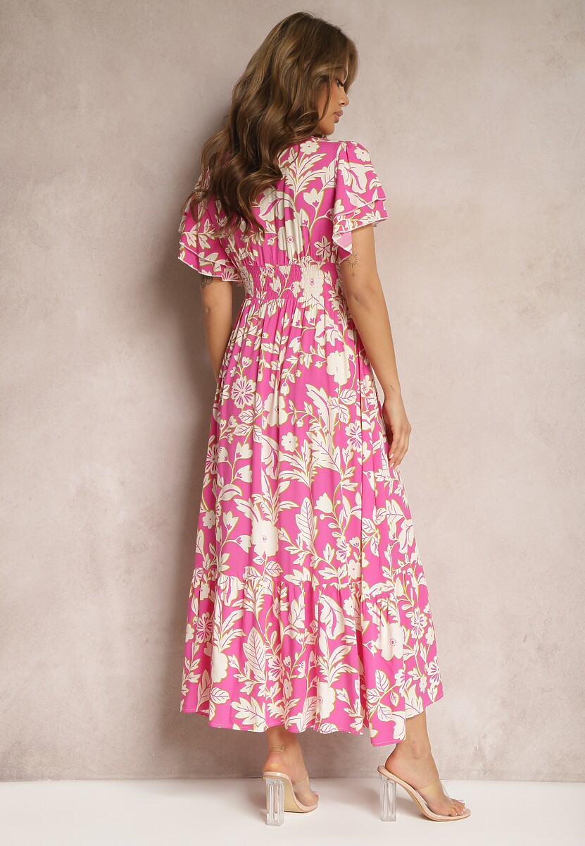 Różowa Sukienka z Wiskozy z Krótkim Rękawem Wiązana z Przodu Marszczona w Pasie Tessam