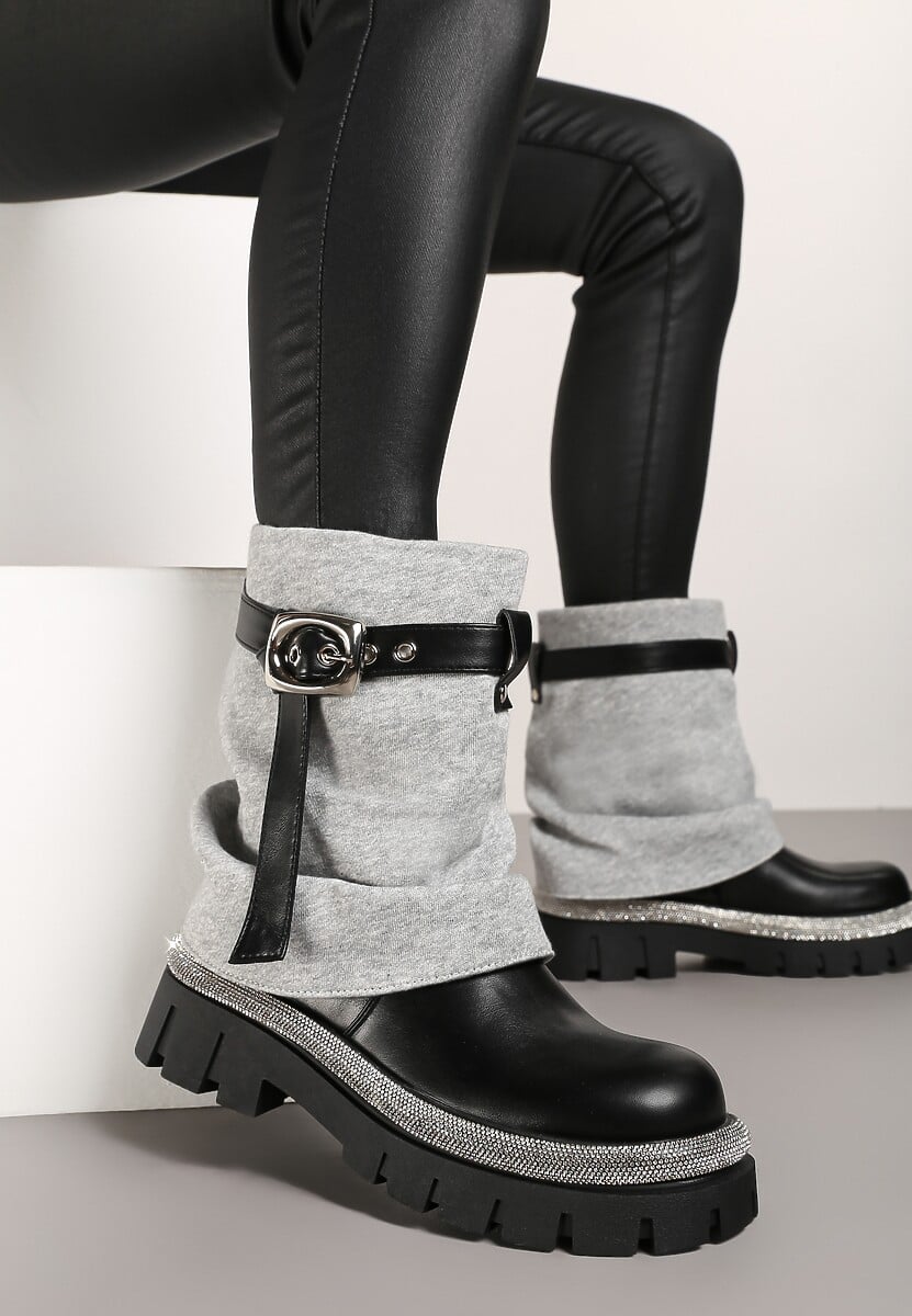 Szaro-Czarne Botki z Cholewką Imitującą Nogawkę Zdobione Cyrkoniami i Paskiem z Klamrą Toriyana