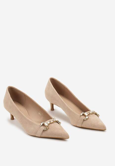 Ciemnobeżowe Czółenka na Obcasie Kaczuszka Wykończone Metaliczną Aplikacją Melmora