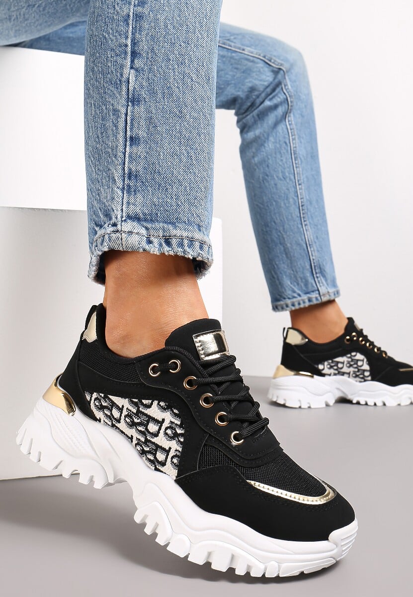 Czarne Sneakersy na Grubej Podeszwie z Metaliczną Wstawką Austyna