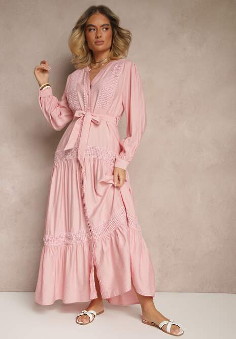 Różowa Wiskozowa Sukienka o Rozkloszowanym Kroju z Wiązanym Paskiem i Koronką Reisavien