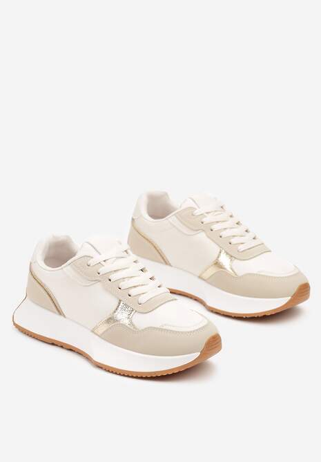 Beżowe Sneakersy na Płaskiej Podeszwie Ozdobione Metalicznymi Elementami Nevlis