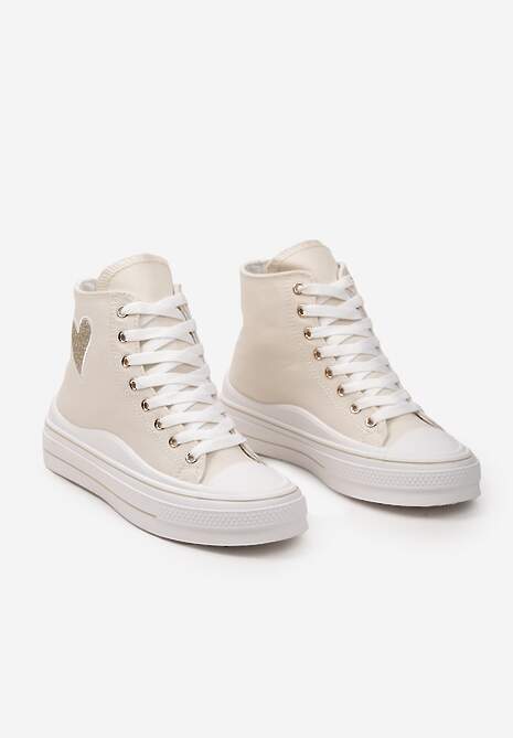 Beżowe Trampki za Kostkę na Niskiej Platformie z Brokatową Ozdobą w Kształcie Serca Annexla