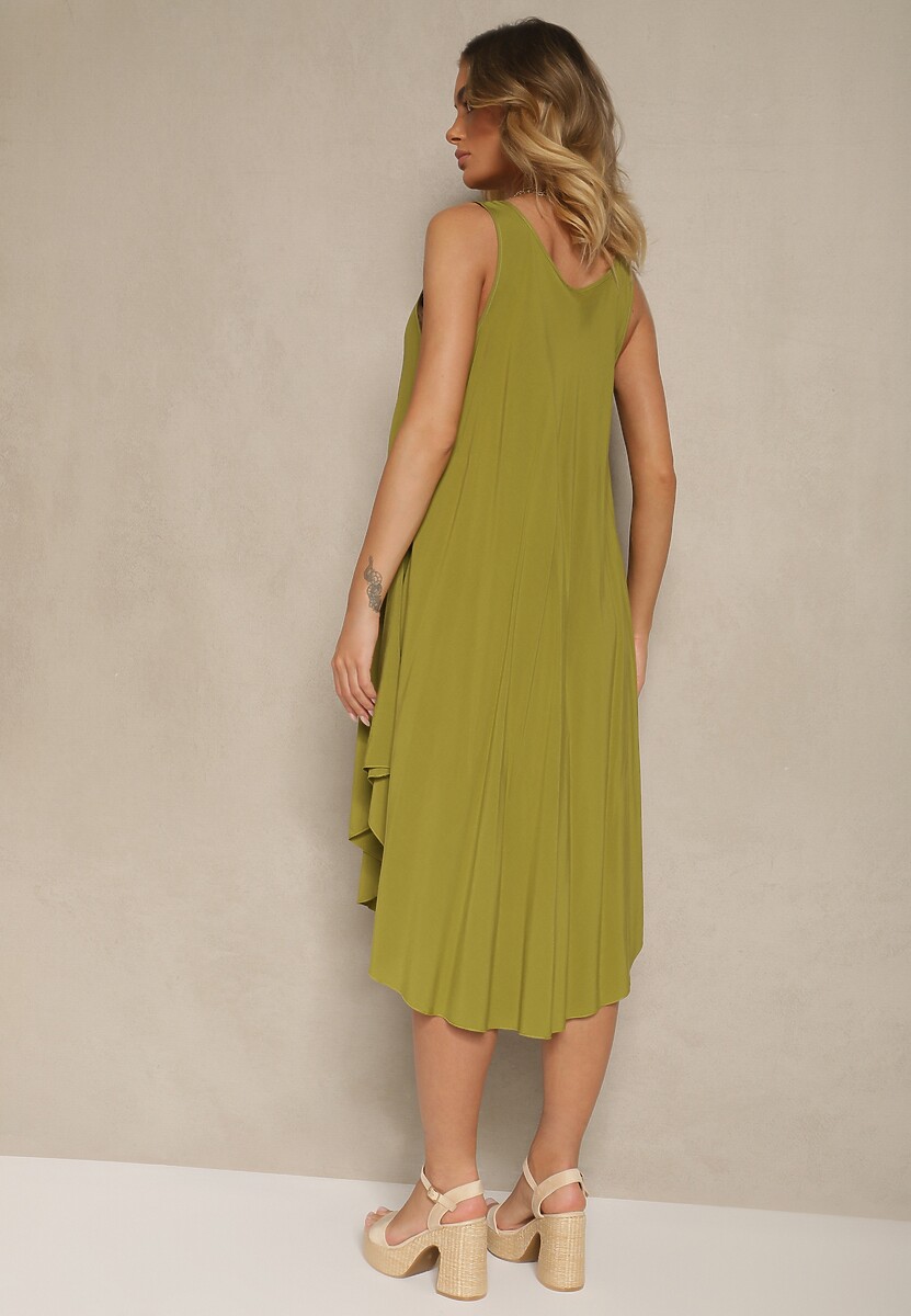 Ciemnozielona Bawełniana Sukienka z Okrągłym Dekoltem o Rozkloszowanym Kroju Tesavette