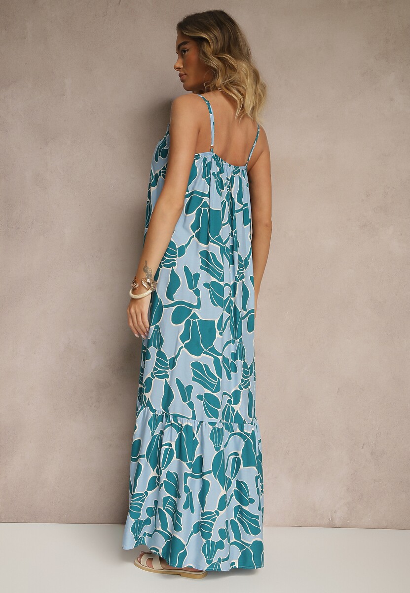 Niebieska Wiskozowa Sukienka o Rozkloszowanym Kroju na Cienkich Ramiączkach Sepalina