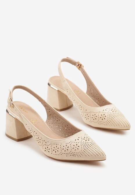 Beżowe Sandały Vices na Słupku Slingback ze Skórzaną Wkładką i Ażurowym Wzorem Iffinira