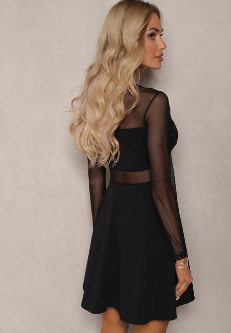 Czarna Mini Sukienka Rozkloszowana z Siateczką Perintema