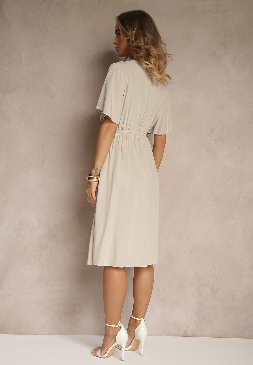 Beżowa Rozkloszowana Sukienka z Bawełnianej Tkaniny Lirioneae