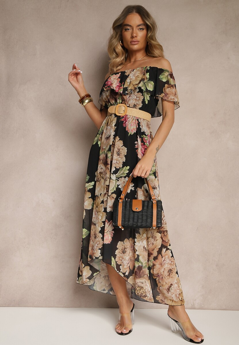 Czarna Sukienka Hiszpanka z Kwiatowym Wzorem i Plecionym Paskiem Sadeene