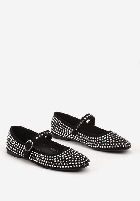 Czarne Balerinki na Płaskiej Podeszwie Mary Jane Ozdobione Cyrkoniami Vilabria
