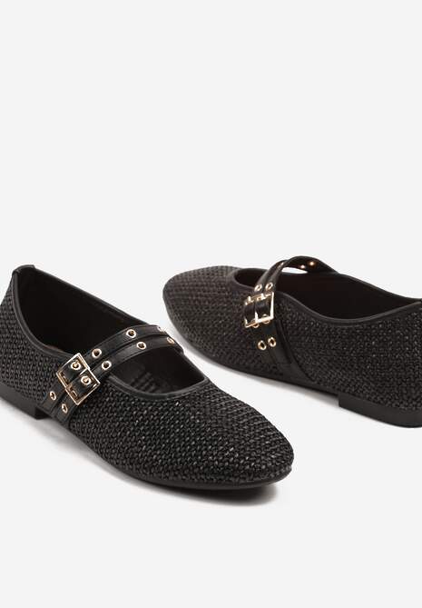Czarne Plecione Balerinki Mary Jane na Płaskiej Podeszwie Firmi