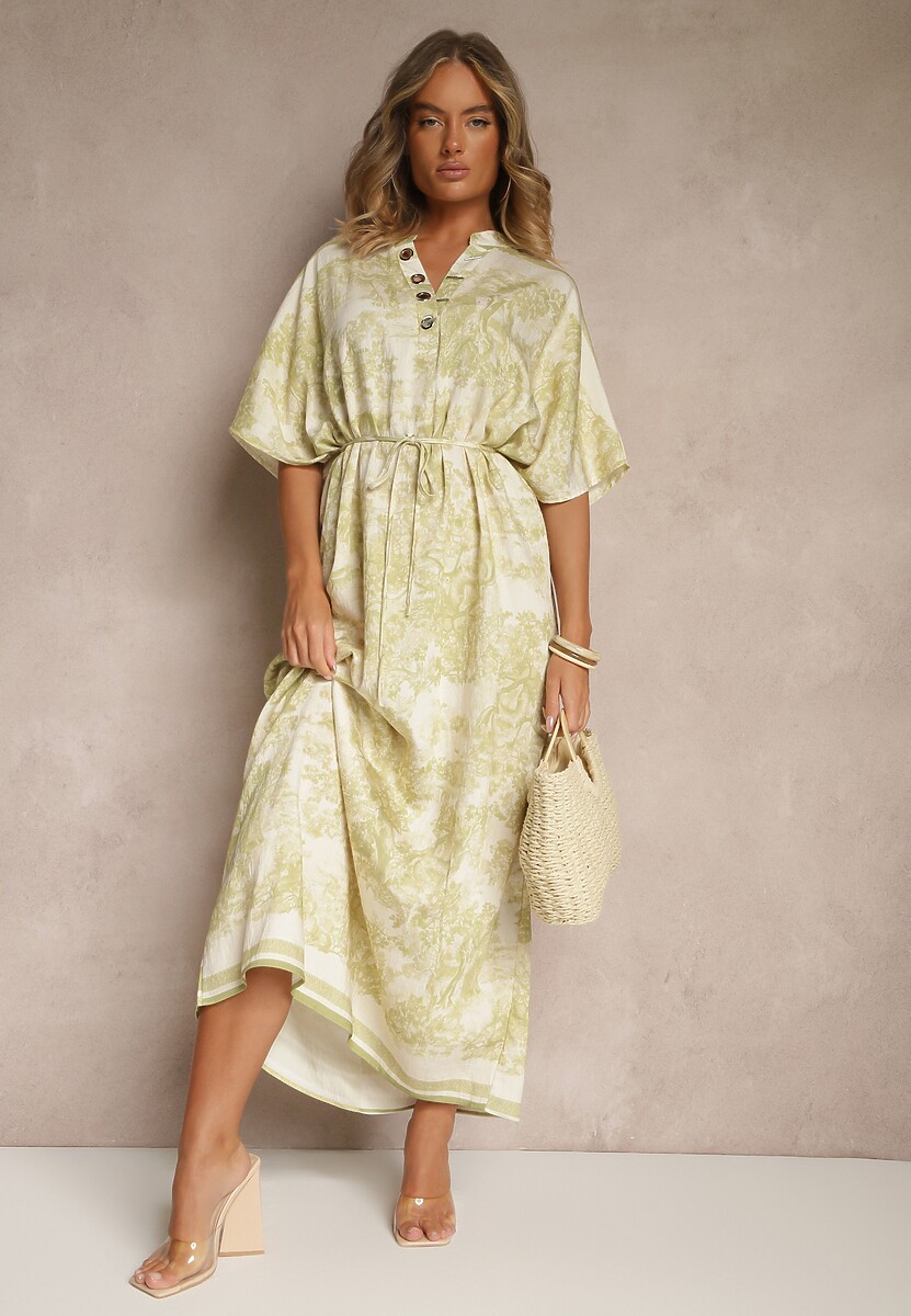 Zielona Sukienka Oversize z Wiskozą i Abstrakcyjnym Motywem Lunisana