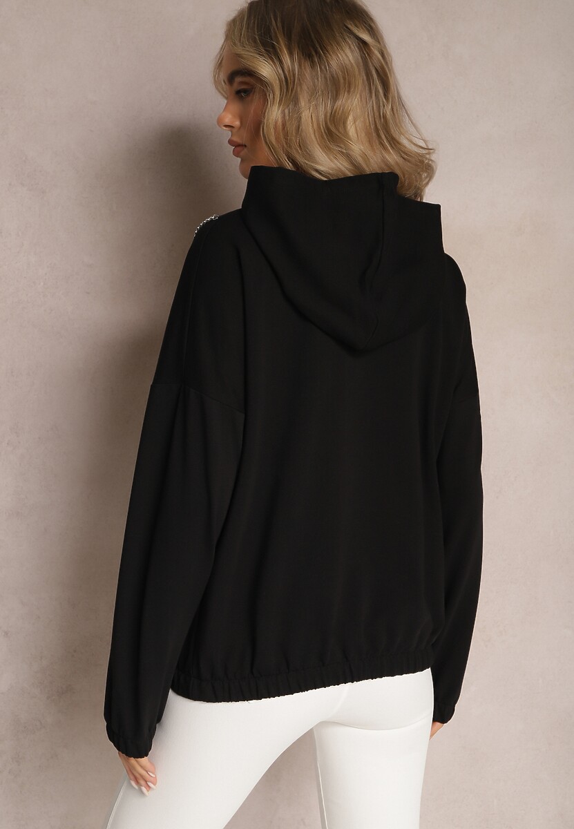 Czarna Asymetryczna Bluza z Bawełny z Kapturem i Ozdobnym Suwakiem Lueur