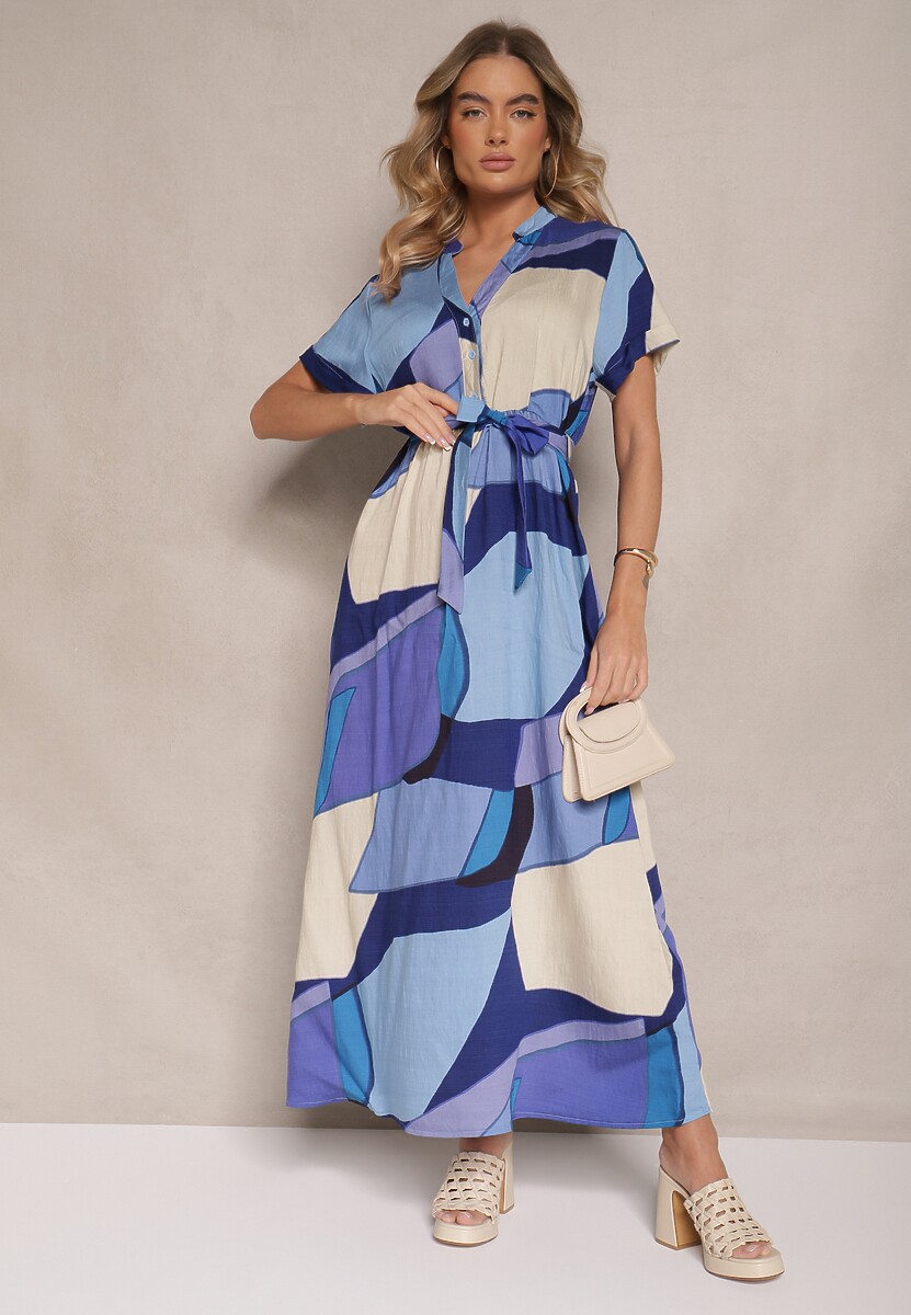 Niebieska Wiskozowa Sukienka Koszulowa z Paskiem w Geometryczny Print Falintia
